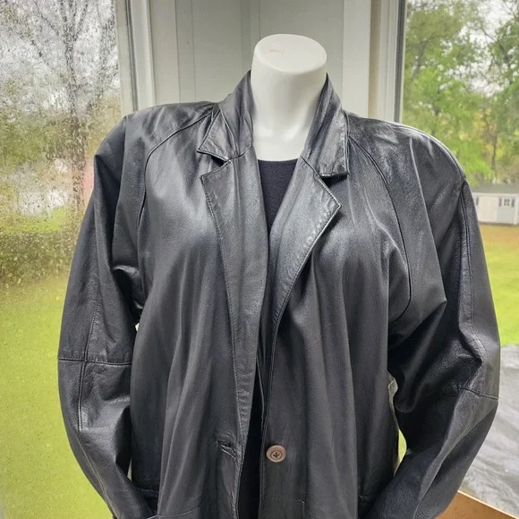 Vintage Accent Black Leather Cocoon Sleeve Maxi Single Breasted Coat Size XL - Picture 2 of 14